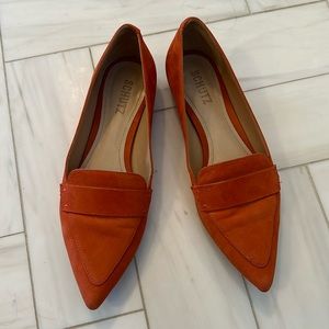 Schutz orange suede pointy-toe flats, size 8.5